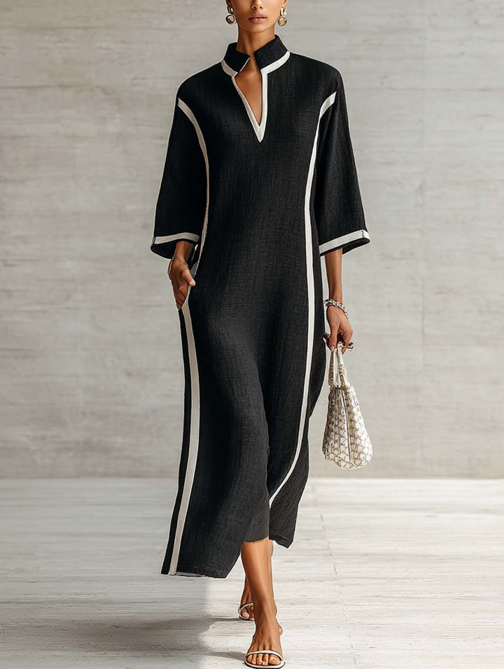 Contrast Trim V-Neck Stand Collar Maxi Dress with Three-Quarter Sleeves
