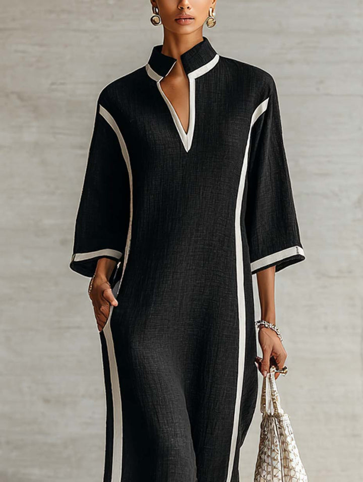 Contrast Trim V-Neck Stand Collar Maxi Dress with Three-Quarter Sleeves