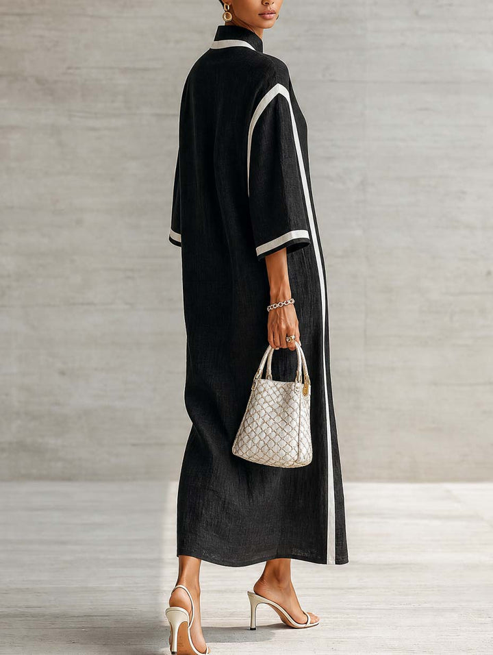 Contrast Trim V-Neck Stand Collar Maxi Dress with Three-Quarter Sleeves