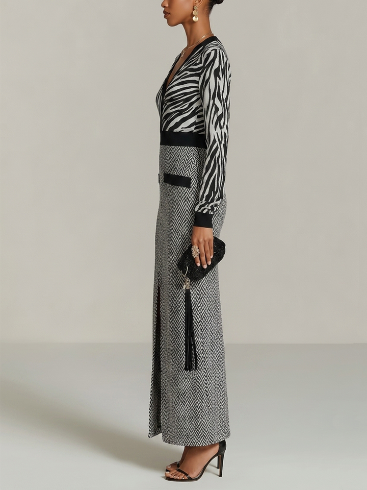 Black And White Zebra Print V-Neck Long Sleeve Maxi Dress