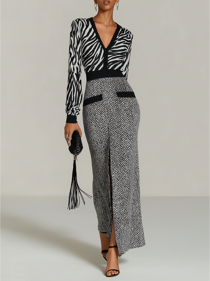 Black And White Zebra Print V-Neck Long Sleeve Maxi Dress