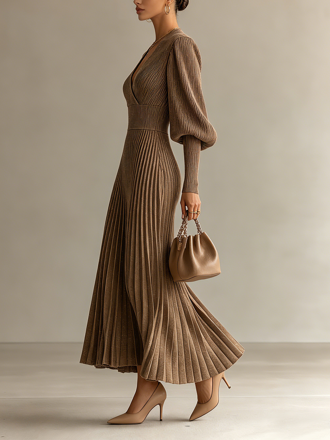 Coffee Brown Ribbed Wrap V-Neck Maxi Dress