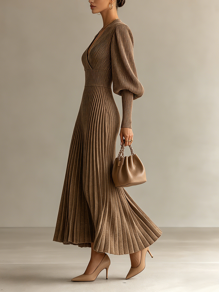 Coffee Brown Ribbed Wrap V-Neck Maxi Dress
