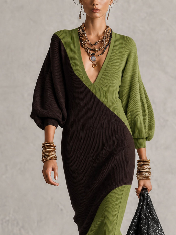 Green Color Block Bodycon Knit Dress