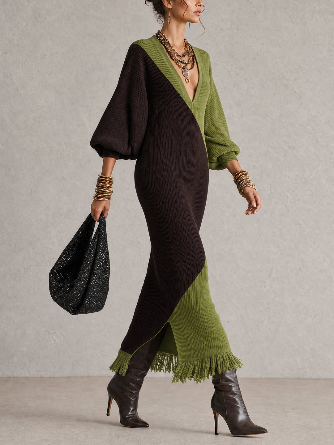 Green Color Block Bodycon Knit Dress
