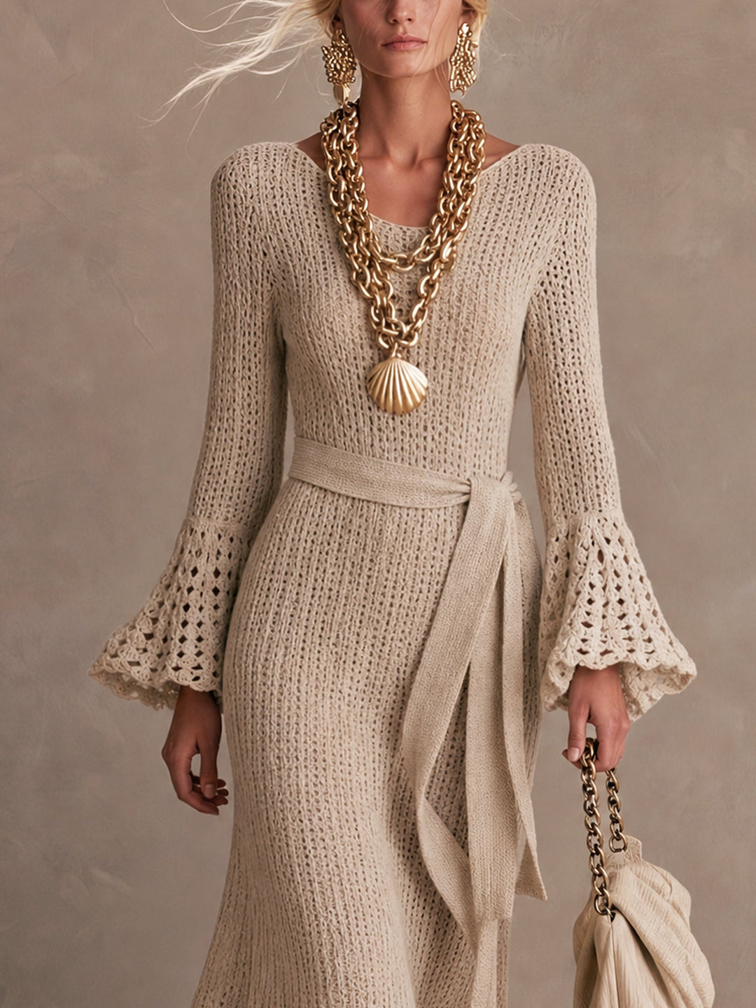 Beige Knit Long Sleeve Mermaid Maxi Dress With Belt