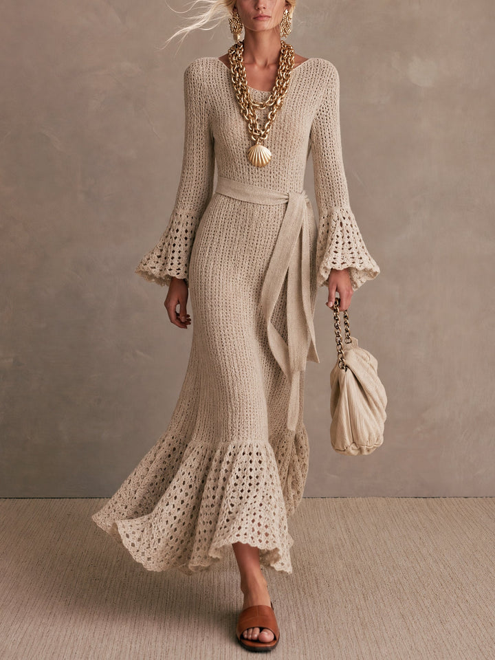 Beige Knit Long Sleeve Mermaid Maxi Dress With Belt