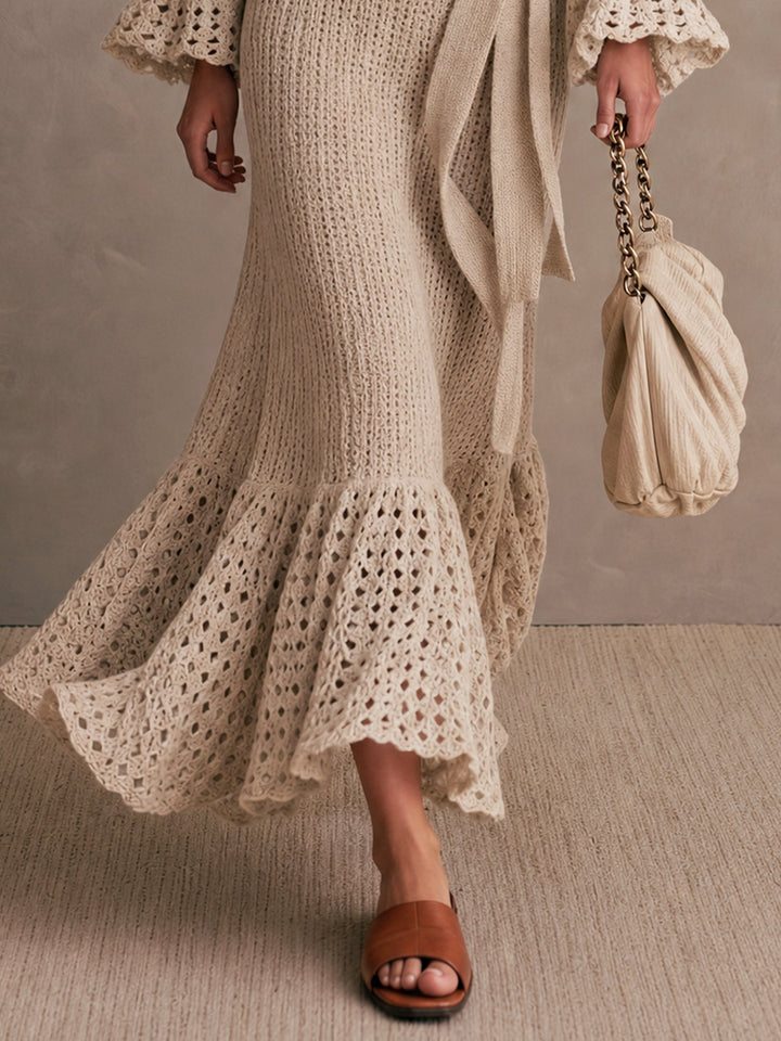 Beige Knit Long Sleeve Mermaid Maxi Dress With Belt
