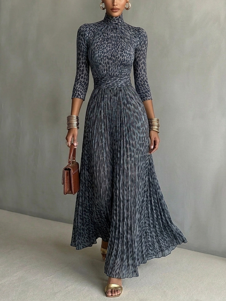 Gray Leopard Print Mock Neck Pleated Maxi Dress