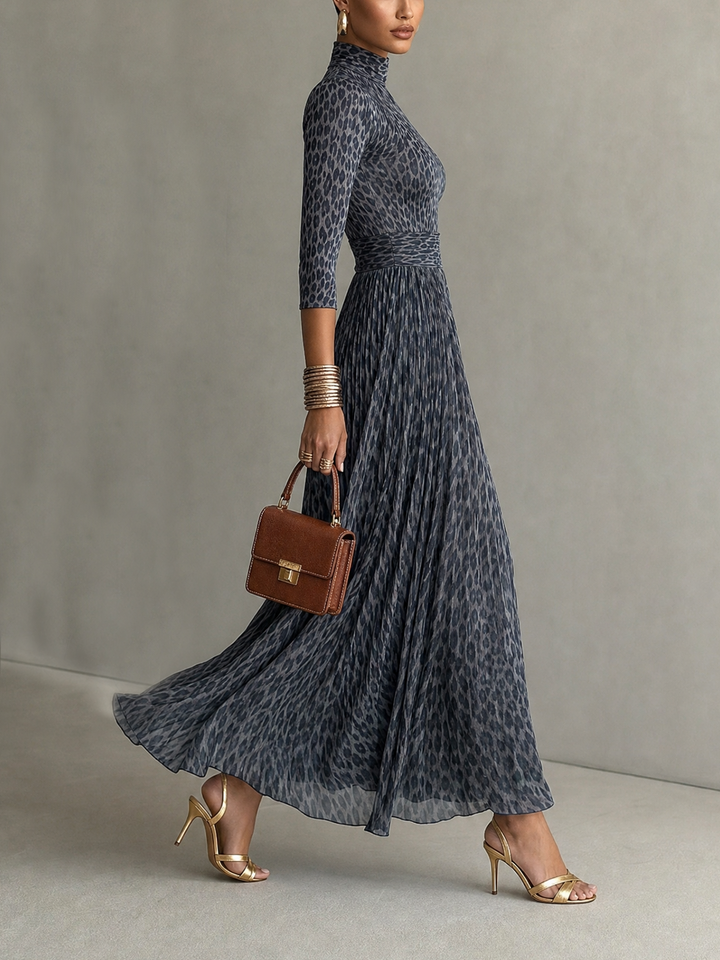Gray Leopard Print Mock Neck Pleated Maxi Dress