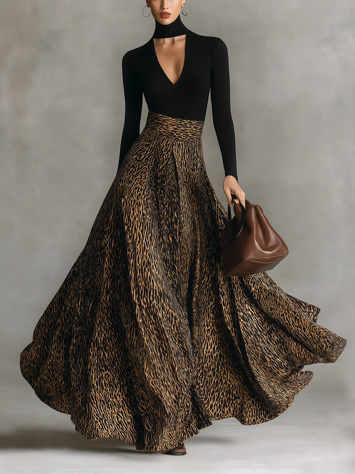 Black Leopard Print Cutout Neck Maxi Dress
