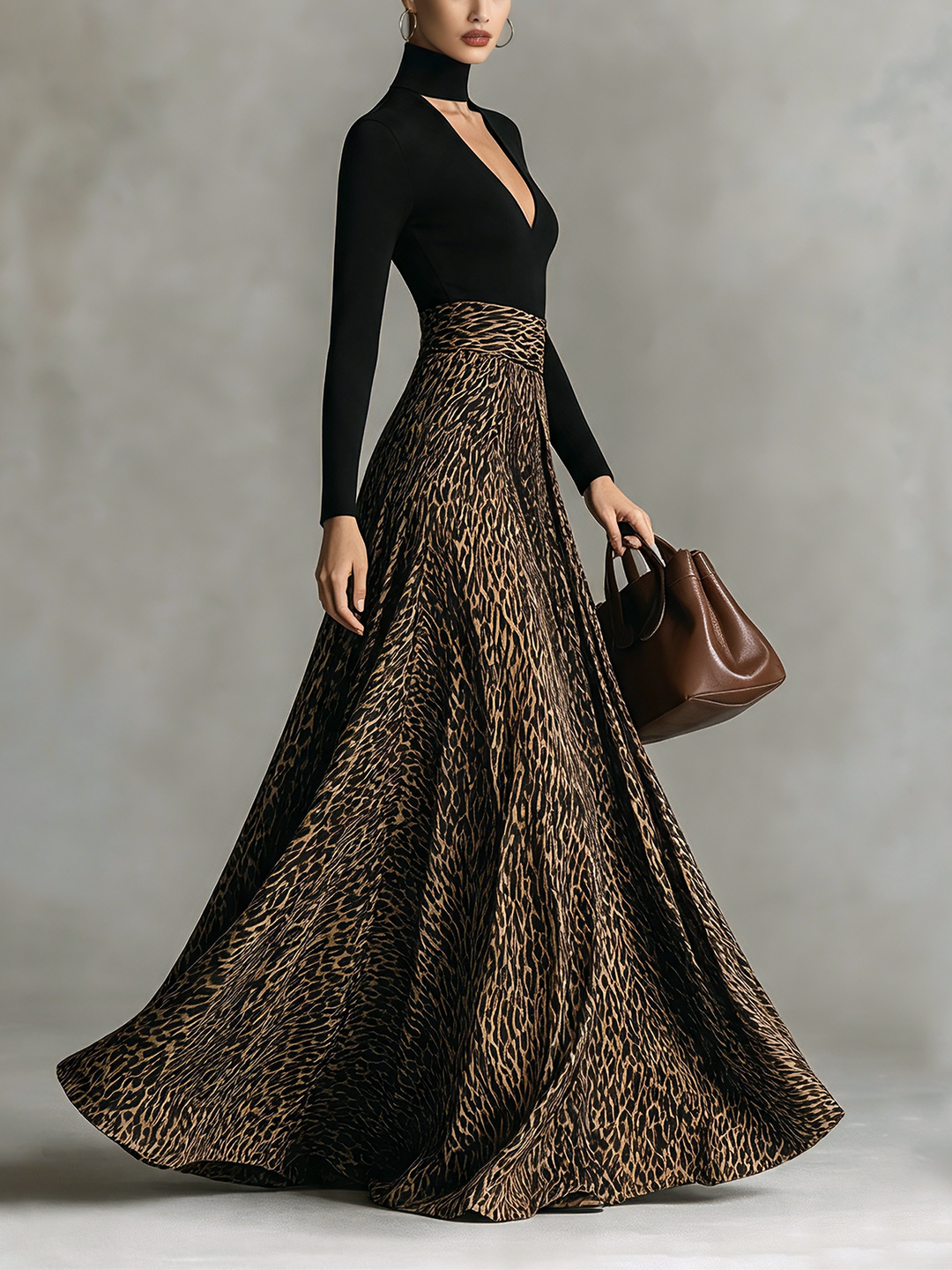 Black Leopard Print Cutout Neck Maxi Dress