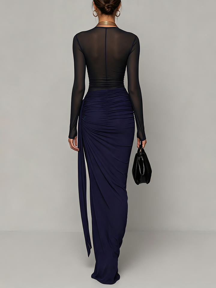 Navy Blue Sheer Mesh Ruched Maxi Dress
