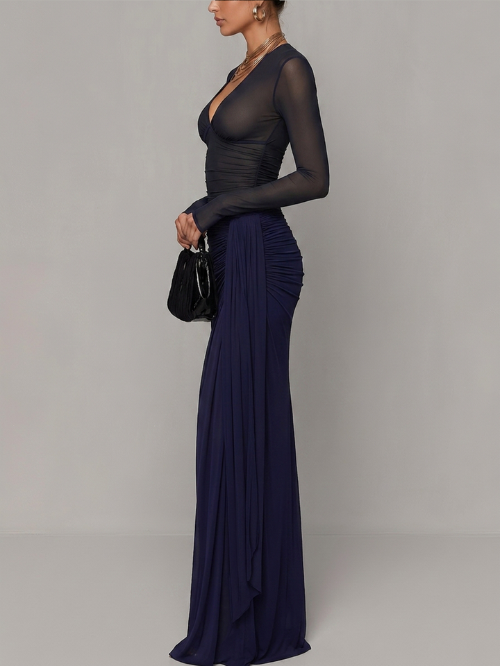 Navy Blue Sheer Mesh Ruched Maxi Dress