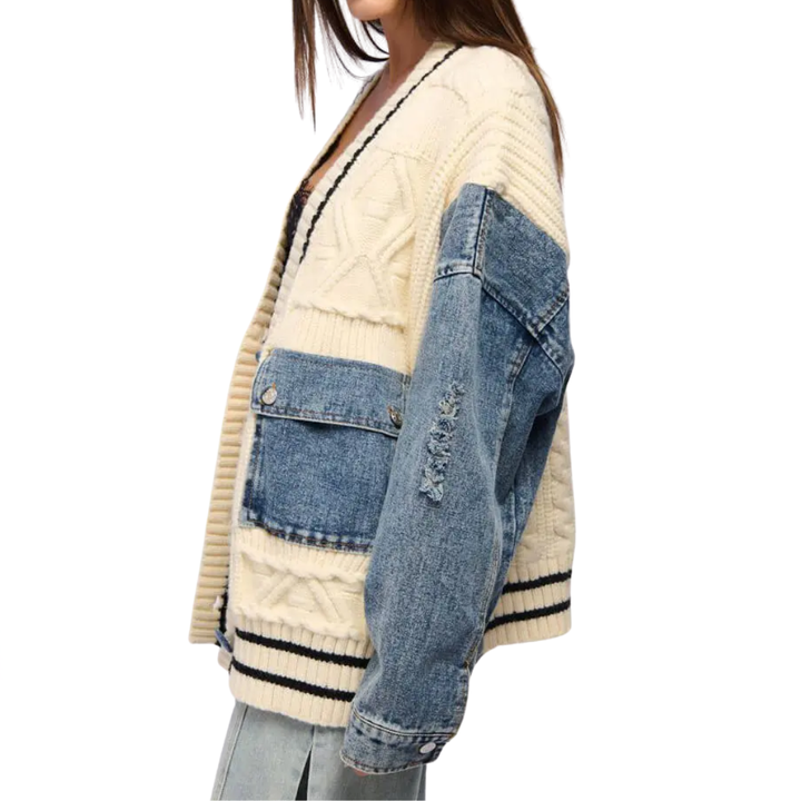 FRANCEL™ – Relaxed Denim Patchwork Knit Cardigan