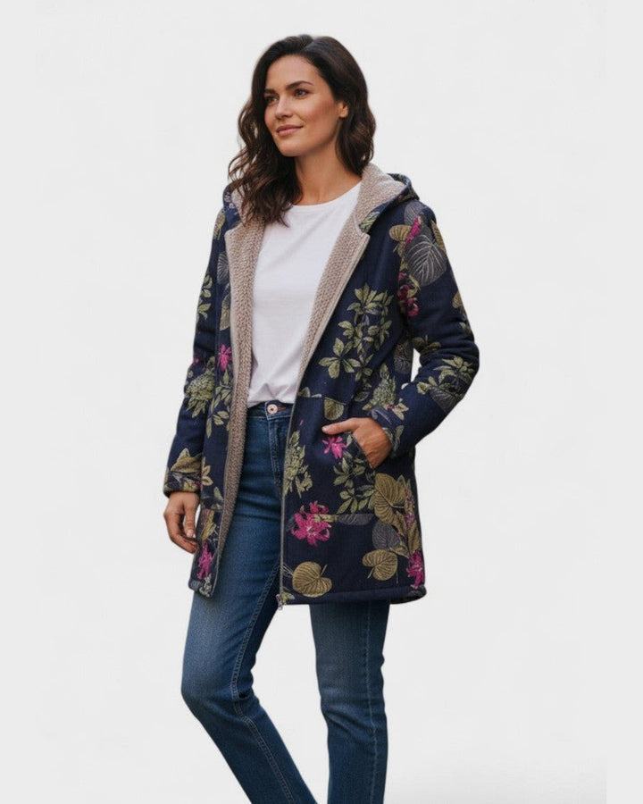 Aurora – Navy Blue Coat with Floral Pattern