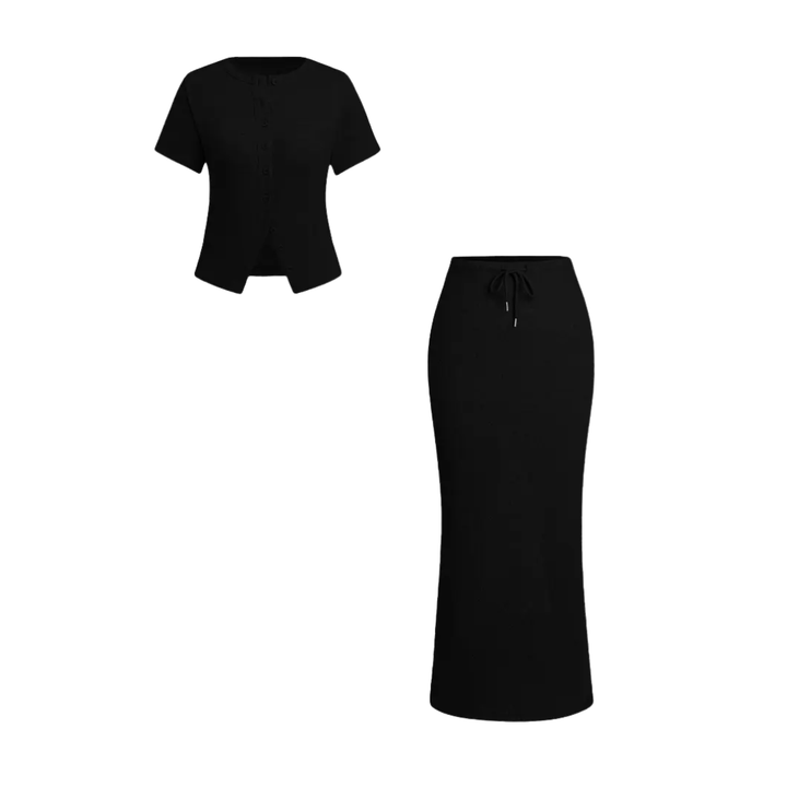 WREN™ – Sleek Button-Front Tee & Split Skirt Two-Piece Set