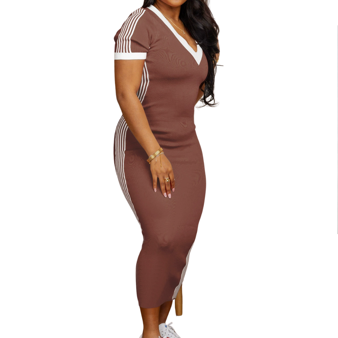 TATUM™ – Striped Trim Casual V-Neck Dress