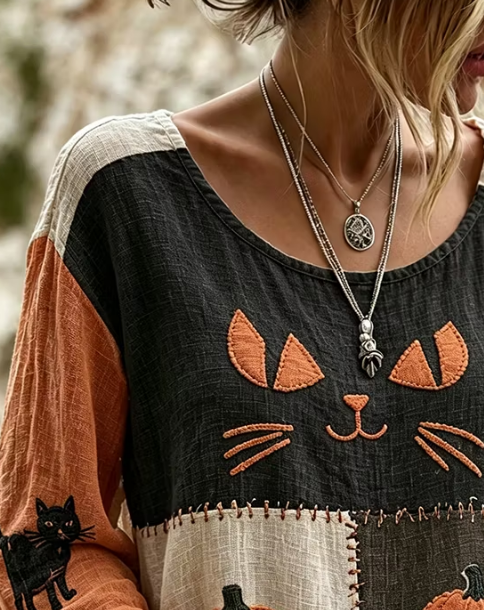 Katherine | Halloween Cat Casual Blouse Round Neck Long Sleeve Print Top