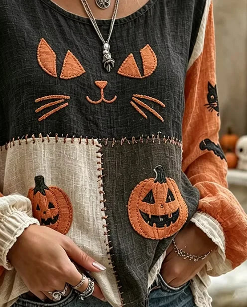 Katherine | Halloween Cat Casual Blouse Round Neck Long Sleeve Print Top