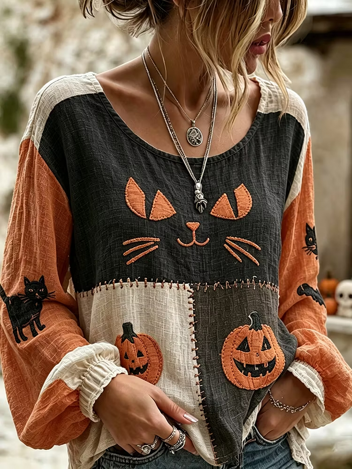 Katherine | Halloween Cat Casual Blouse Round Neck Long Sleeve Print Top