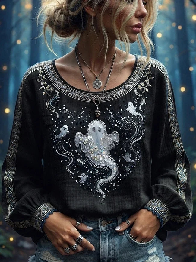 Esther | Halloween-Inspired Gothic Black Ghost Print Long-sleeve Top