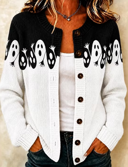 Sloane | Halloween-Inspired Retro Vintage Ghostly Colour Blocking Graphics Knit Button Cardigan
