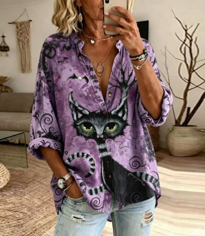 Keira | Retro Halloween-Inspired Black Cat Art Pattern Shirt