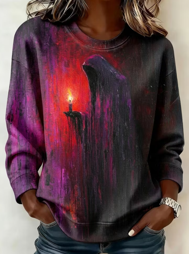 Wren | Retro Halloween-Inspired Ghost Candle Horror Pattern Round Neck Sweatshirt
