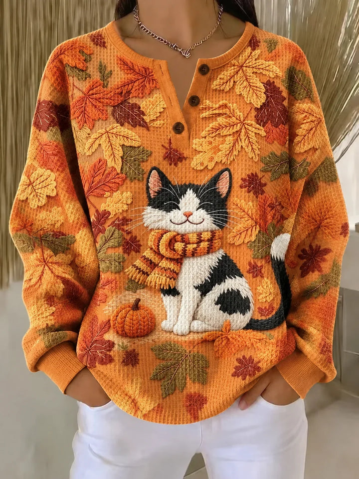 Luciana | Halloween Casual Cat Henley Collar Long Sleeve Sweatshirt