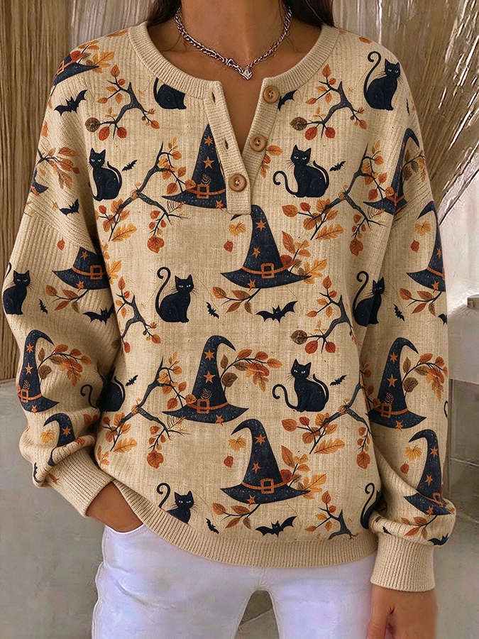 Lucille | Halloween Vintage Cat Henley Collar Long Sleeve Sweatshirt