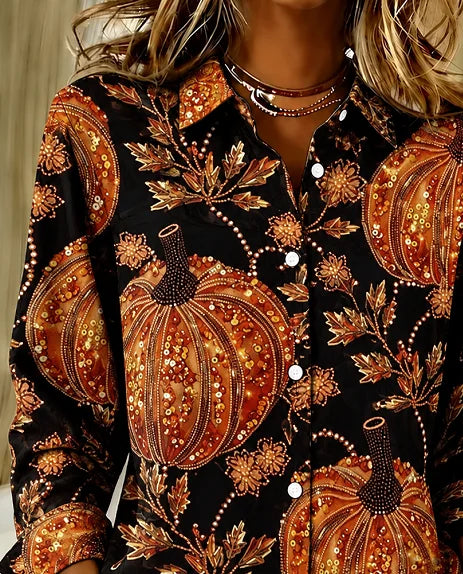 Louise | Halloween Pumpkin Pattern Vintage Shirt with Shirt Collar and Long Sleeves
