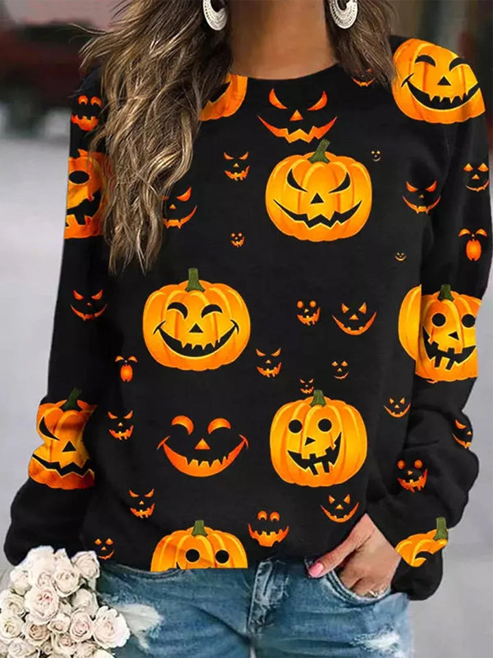Elsie | Halloween-Inspired Pumpkin Print Loose Round Neck Sweatshirt