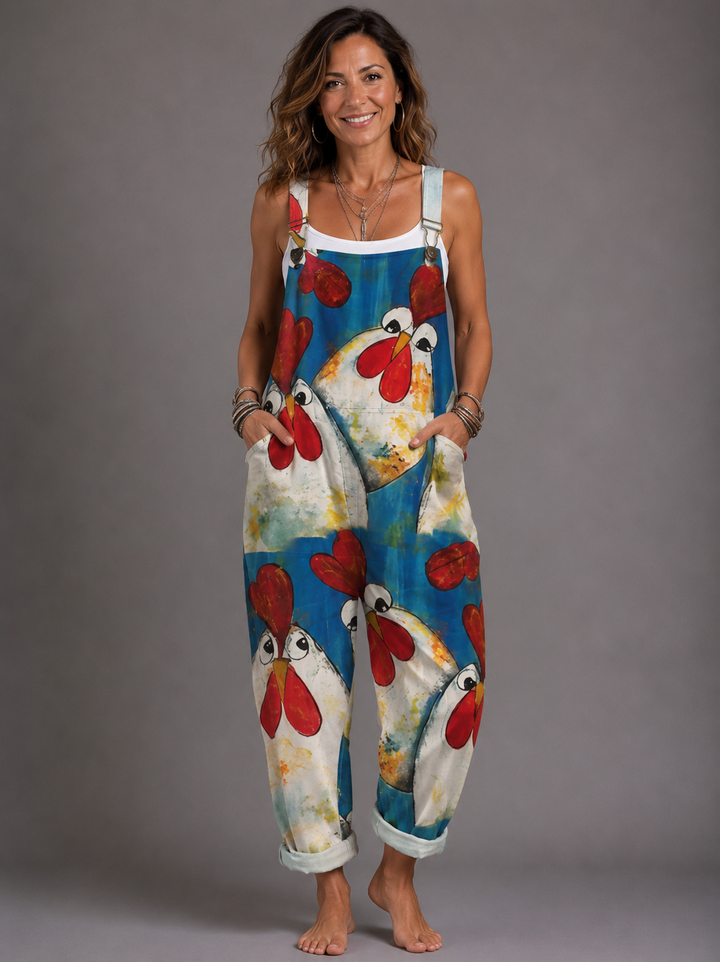 Brigid - Printed romper with funny chickens