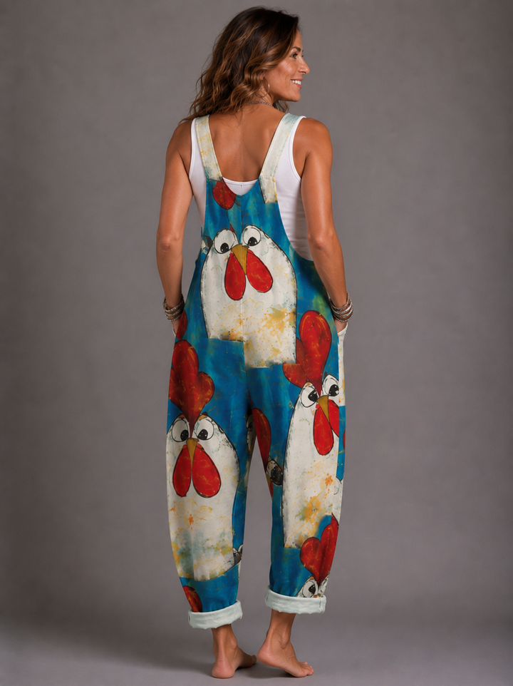 Brigid - Printed romper with funny chickens