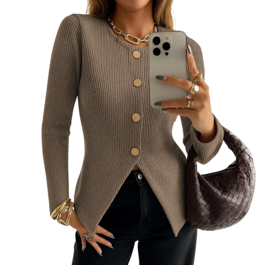 NADIRA™ – Twisted Ribbed Button-Front Knit Top