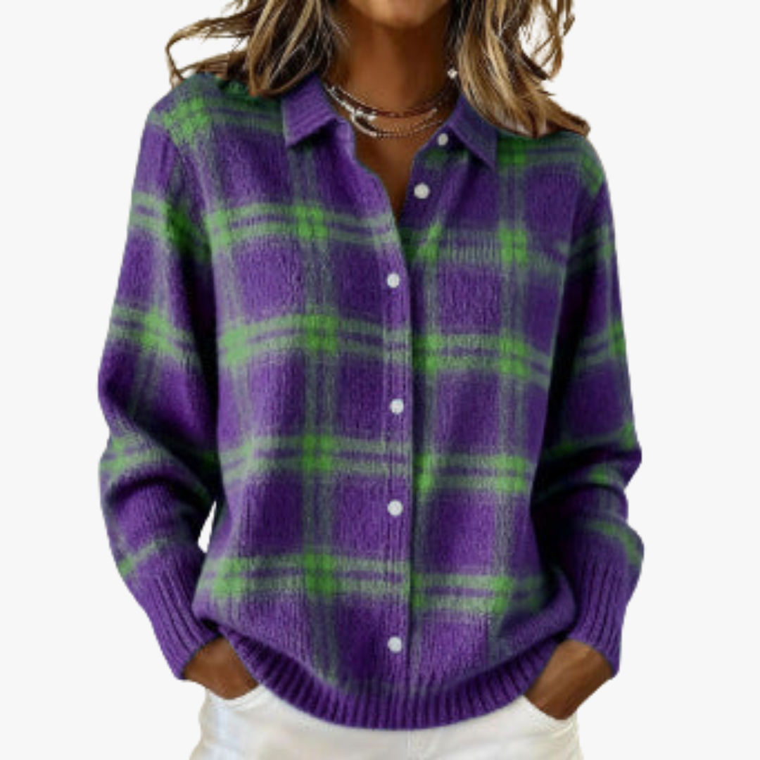 Natalia – Checked Knit Cardigan with Contrast Colour