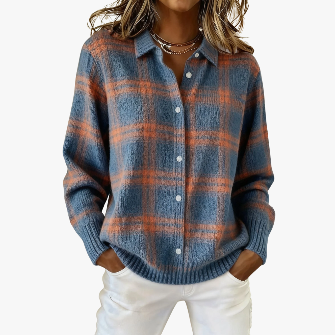 Valeria – Check Knit Cardigan in Blue and Terracotta
