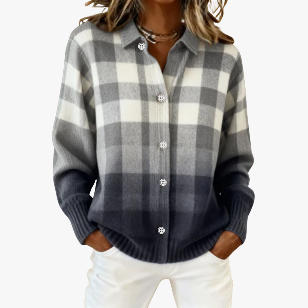 Clara – Check Knit Cardigan in Grey Tones