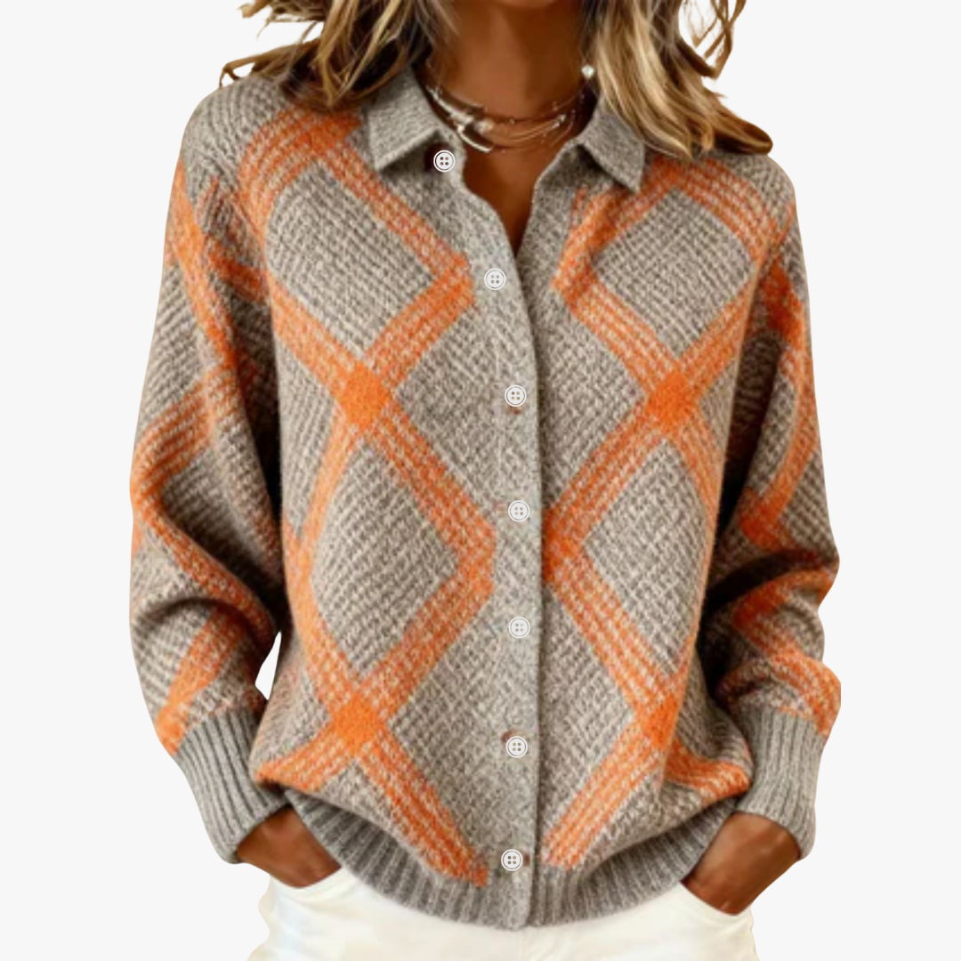 Sofía – Knitted cardigan with diamond pattern in neutral tones and orange