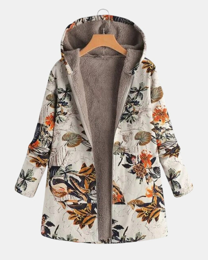 Elena – Boho-Sherpa Hooded Coat with Floral Pattern