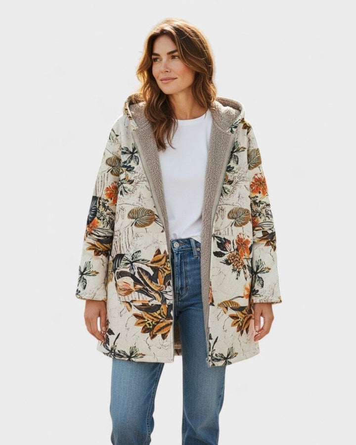 Elena – Boho-Sherpa Hooded Coat with Floral Pattern