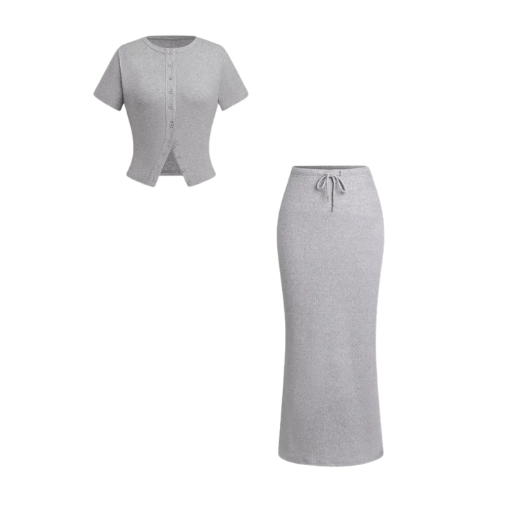 WREN™ – Sleek Button-Front Tee & Split Skirt Two-Piece Set
