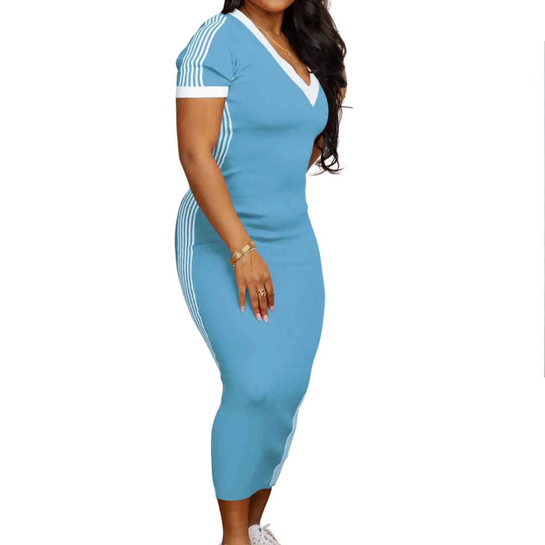 TATUM™ – Striped Trim Casual V-Neck Dress