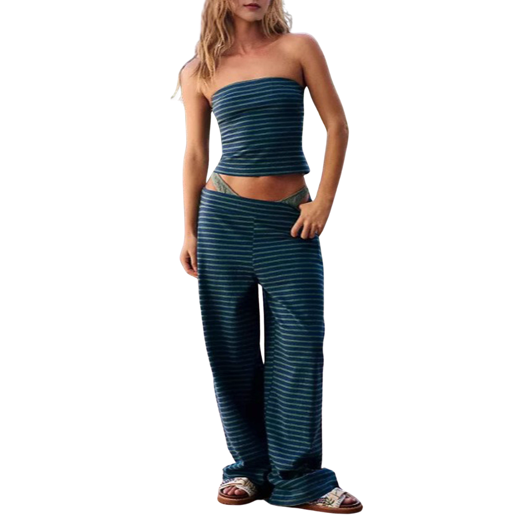 ROXIE™ – Striped Print Crop Tube Top & Wide Leg Pants Set