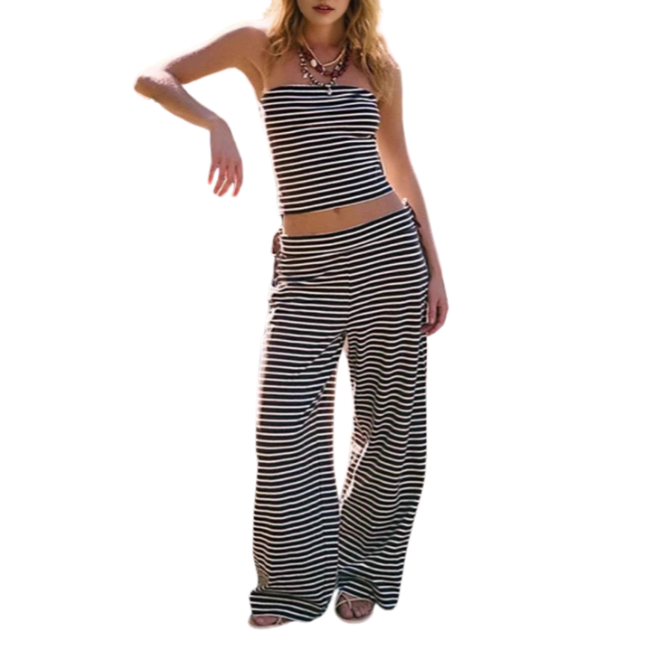 ROXIE™ – Striped Print Crop Tube Top & Wide Leg Pants Set
