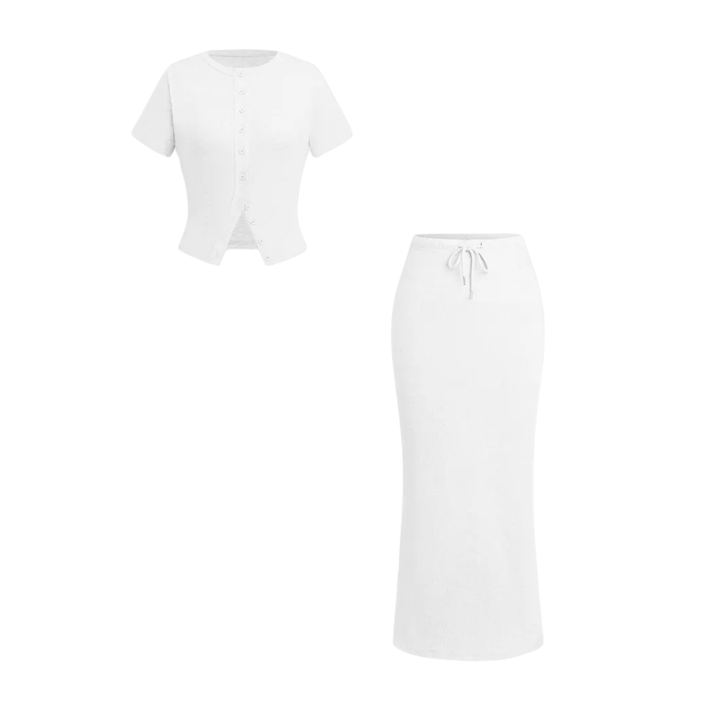 WREN™ – Sleek Button-Front Tee & Split Skirt Two-Piece Set