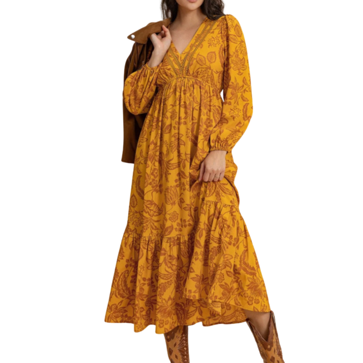 FAUNA™ – Floral Ruffle Hem Bishop Sleeve Dress