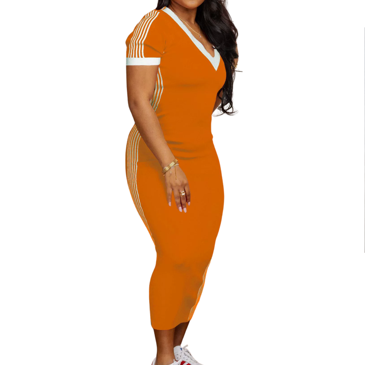 TATUM™ – Striped Trim Casual V-Neck Dress