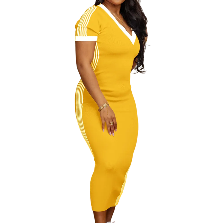 TATUM™ – Striped Trim Casual V-Neck Dress